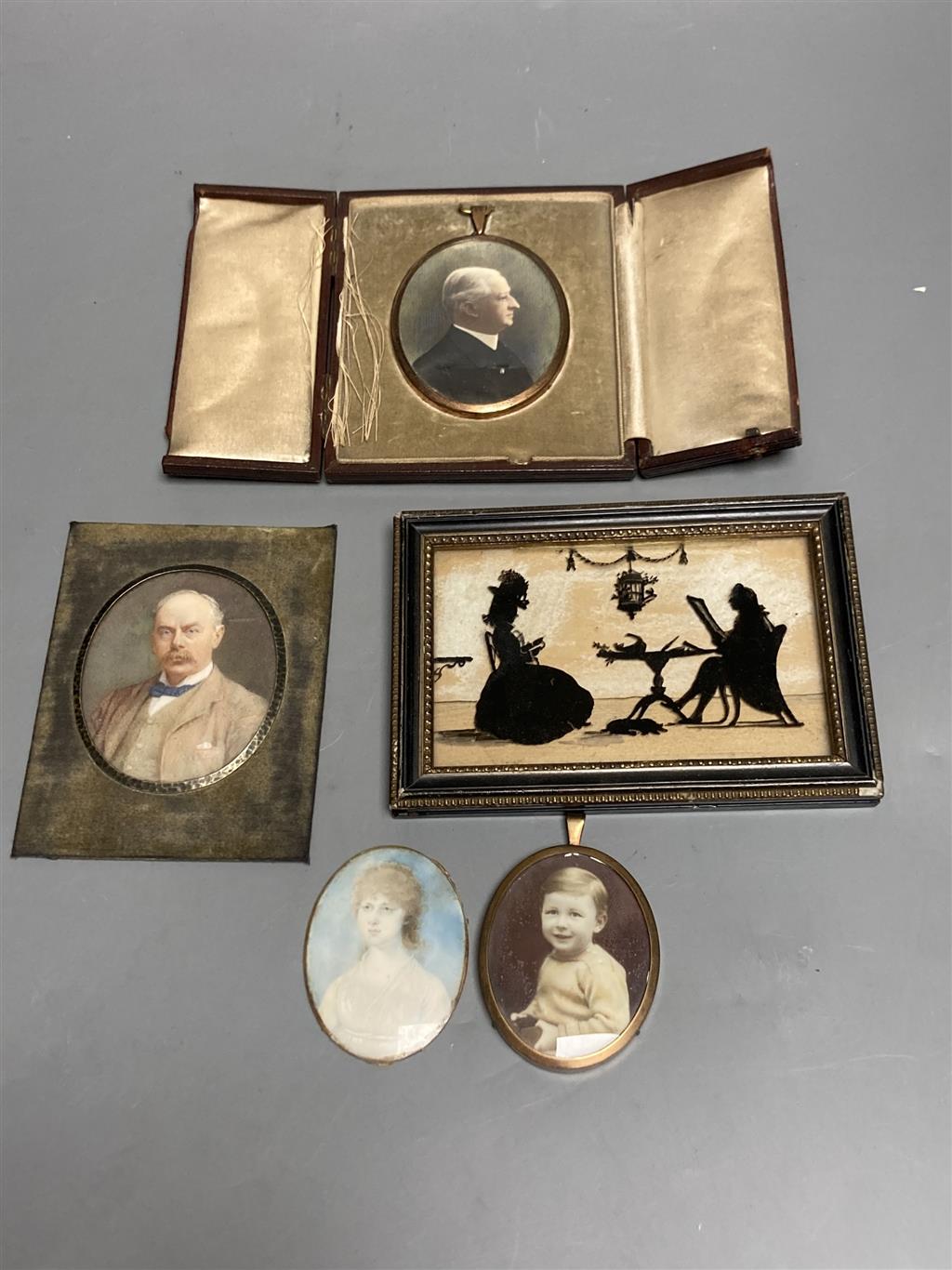 A collection of miniature portraits, including an early 19th century portrait of a young woman, 7.5 x 12.5cm and smaller